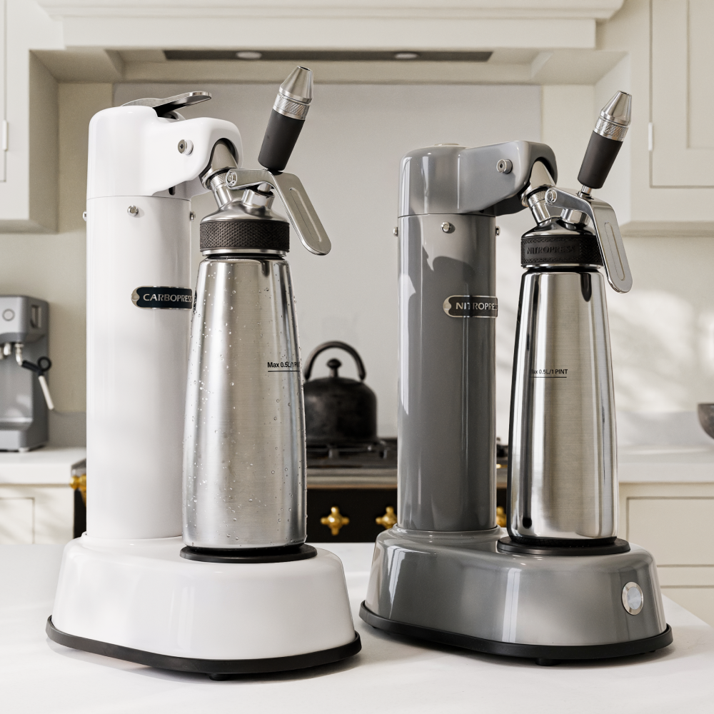 NitroPress and CarboPress from Hatfields sitting next to each other on a kitchen worktop