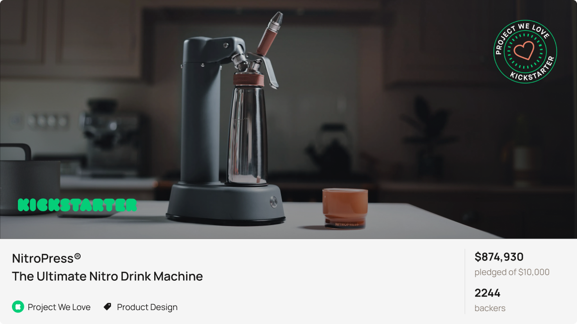 NitroPress drink machine on a kitchen counter with Kickstarter funding information displayed.